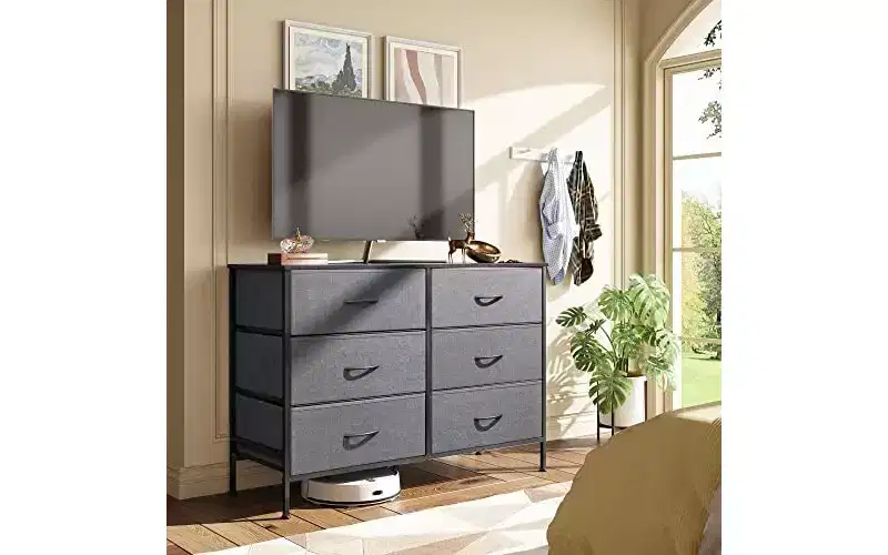 Dresser for Bedroom with 6 Drawers, Wide Dresser TV Stand for 50 Inches TV, Gray Dresser with Metal Frame, Wooden Top, Dark Gray