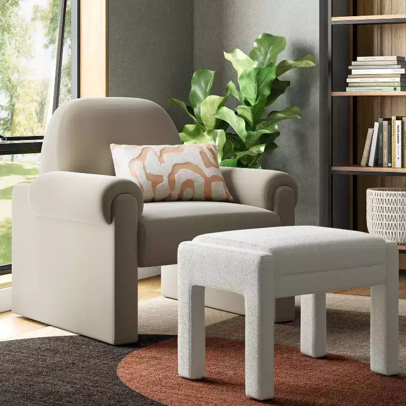 Cream Boucle Upholstered Ottoman with Wooden Frame