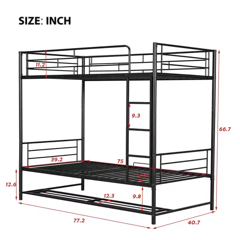 Metal Bunk Bed with Shelf and Guardrails, Bunk Beds Frame for Kids Teens & Adults