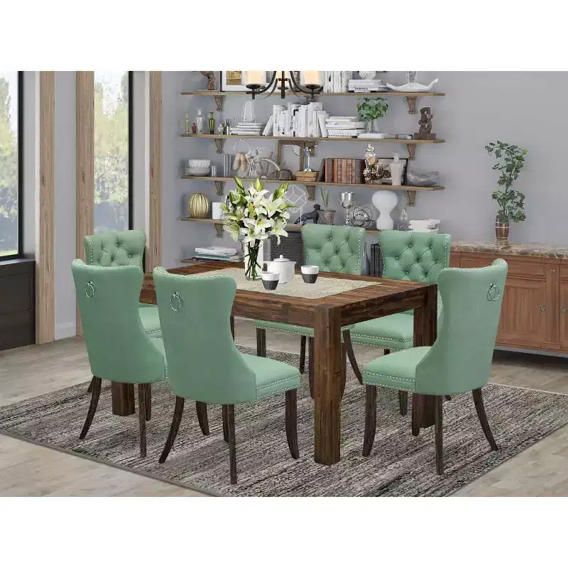 HomeStock 7-Piece Rectangle Distressed Jacobean Finish Solid Wood Top Dining Table with 6 Chairs