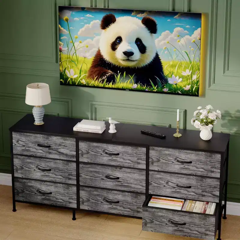 63 Entertainment Center & 9-Drawer Dresser, TV Stand for 55-70 Inch TVs, Large Storage Cabinet with Metal Frame & Fabric Drawers