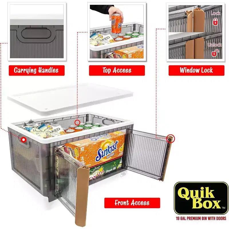 Quik Box - 19 Gallon Stackable Storage Bins with Doors, Collapsible Organizer Foldable Container Perfect For Any Home