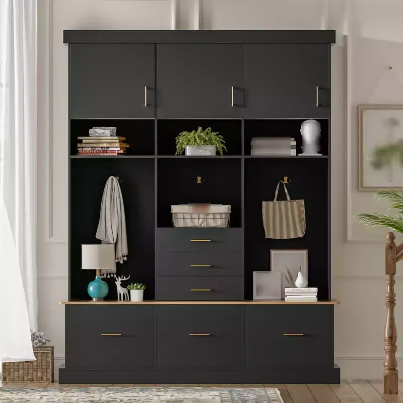 75H Entryway Hall Tree With Storage Bench, Freestanding Coat Rack with 6 Drawers & 3 Cabinets, Wooden Entryway Bench for Living Room Mudroom