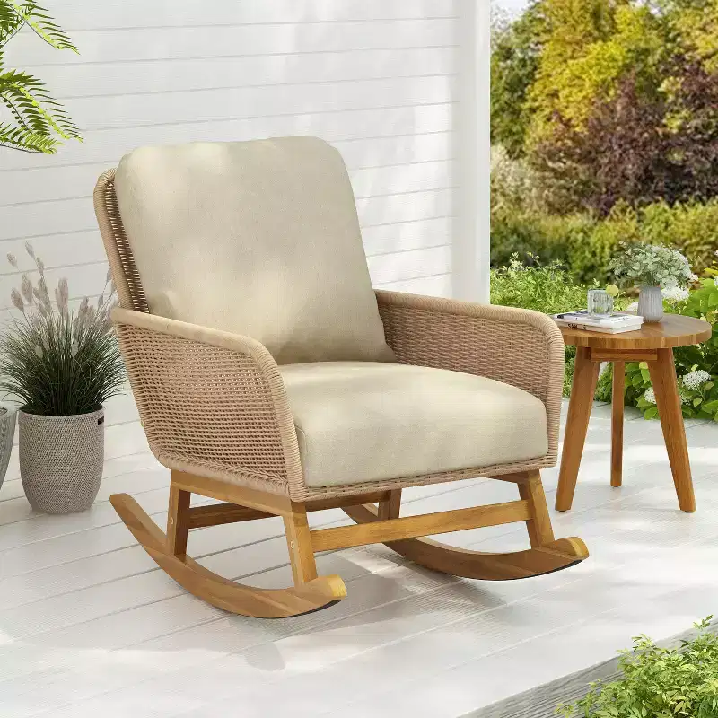 Elegant Wicker Rocking Chair with Cushions, Wooden Glider Rocker Recliner w/ Rattan Armrest Perfect for Indoor and Outdoor Use - ModernLuxe