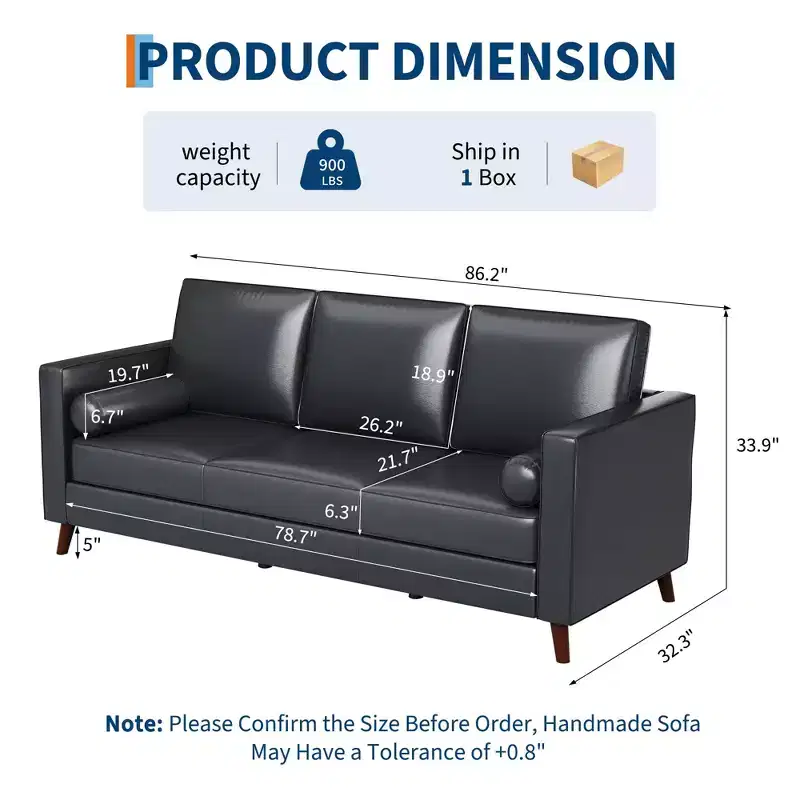 81 Leather Sofa for Living Room, Mid-Century Modern Couch with Deep Seats, Brown Faux Leather Couch, 3 Seat Sofa with Removable Cover for Apartment