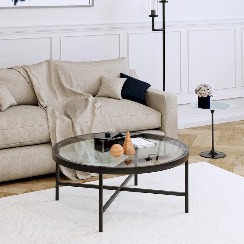 Xivil Contemporary Round Glass Top Steel Coffee Table