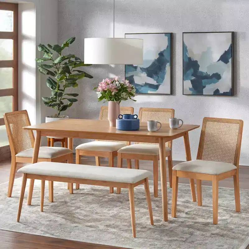 Buylateral 6pc Newington Cane Dining Set with Bench Light Oak/Beige