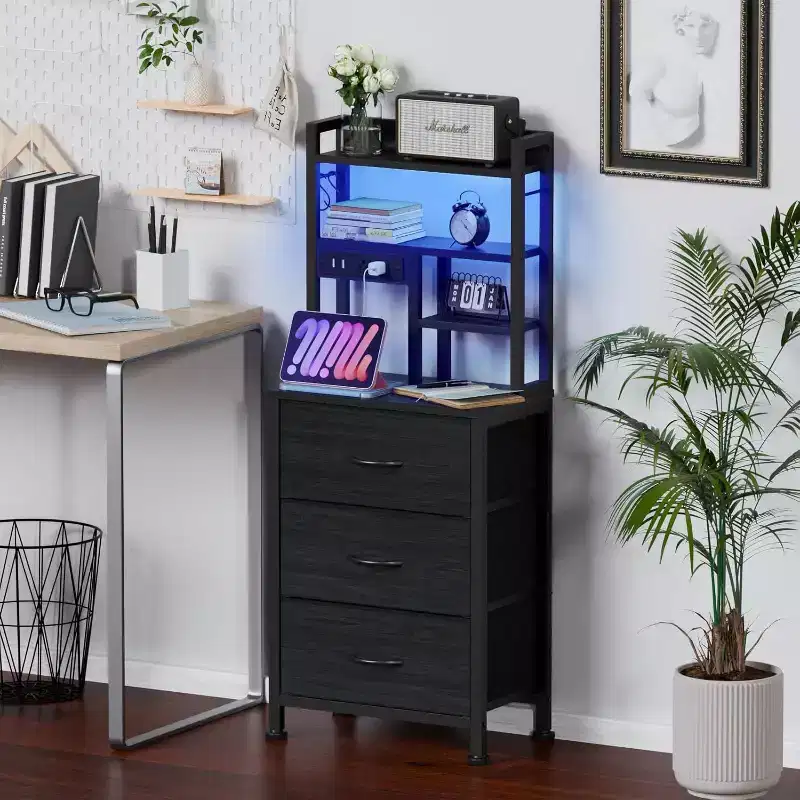 Qwatto 45.3in Tall Bedside Table with USB Charging Station and Light 3 Fabric Drawer Nightstand Bookshelf for Small Space Bedroom Dorm Black Finish