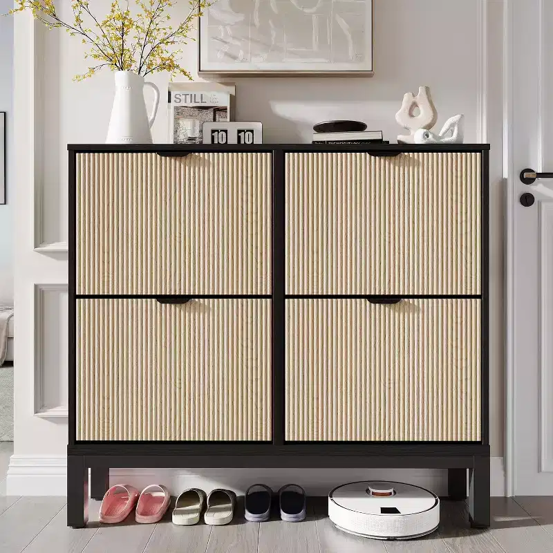 Shoe Cabinet with 4 Flip Drawers, Wooden Shoe Storage Cabinet, Freestanding Shoe Organizer with Adjustable Shelves for Entryway, Hallway