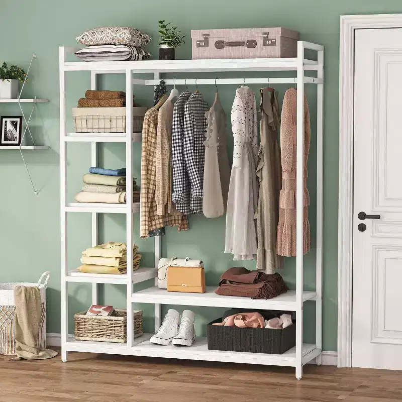 Free Standing Wood Closet Clothes Rack, Heavy Duty Garment Rack with Shelves for Bedroom, Wardrobe Organizer, 350 lb Capacity