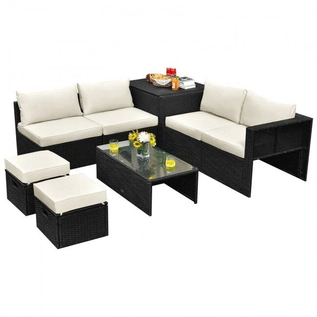 8 Pieces Patio Rattan Storage Table Furniture Set - 25 x 25 x 4 (L x W x D)