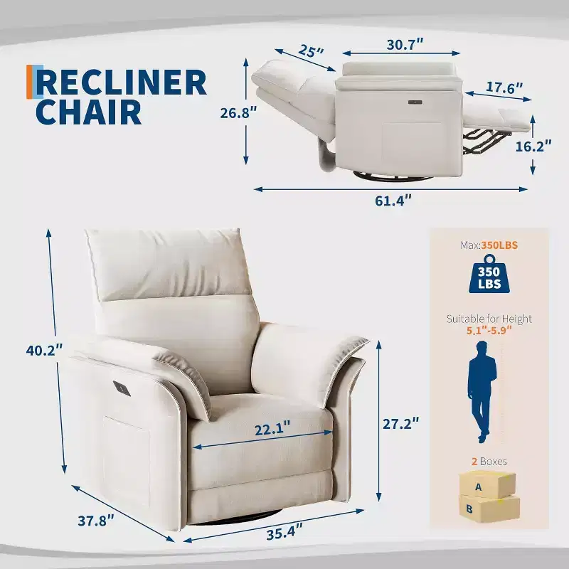Recliner Chair, Swivel Rocker Chair with USB Charge Ports,Upholstered Chenille Fabric Glider Recliner Nursery Chair with Double-Layer Armrests