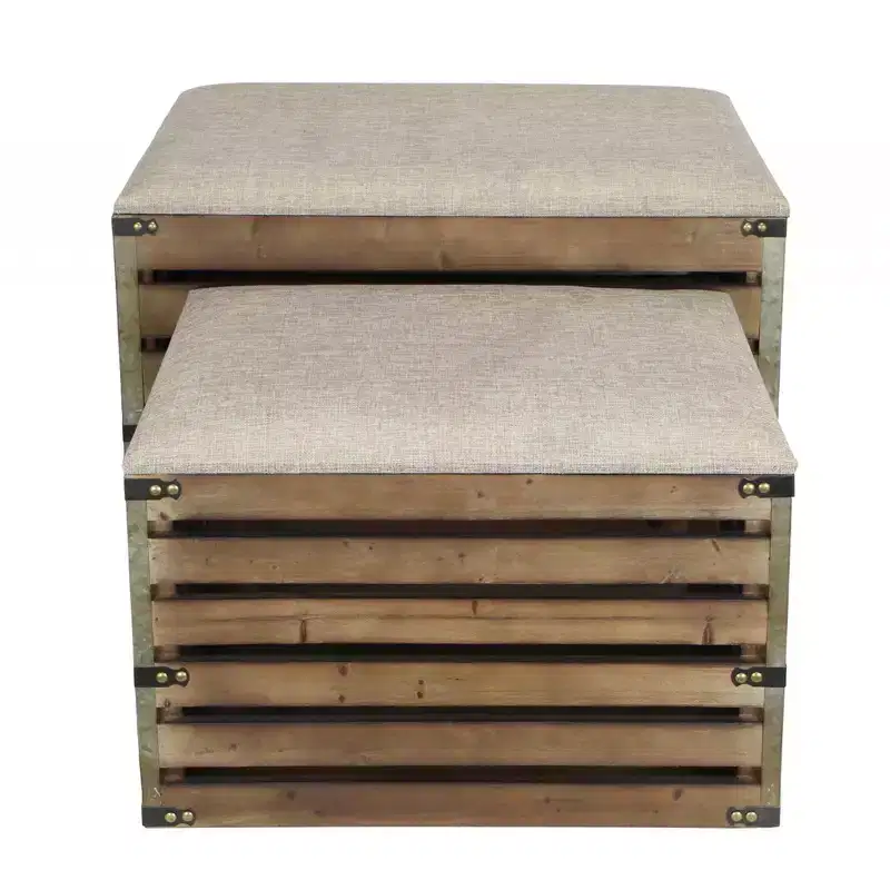 Set of Two Brown Wood Slat and Upholstery Storage Benches with Flip Top