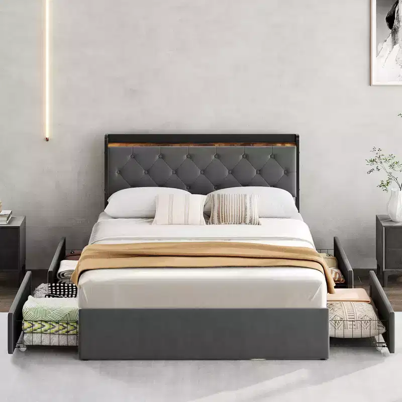 COZONY Velvet Upholstered Bed Frame with 4 Storage Drawers & Headboard Shelves, No Box Spring Needed