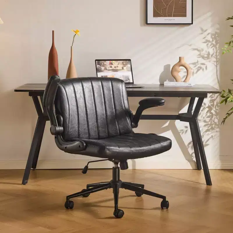 Oil-Waxed Leather Swivel Chair With Flip-Up Armrests
