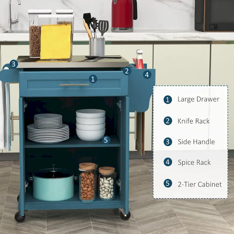 Kitchen Island on Wheels, Rolling Kitchen Cart with Stainless Steel Countertop, Drawer, Gray
