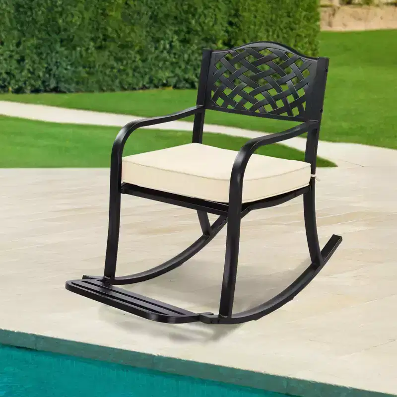 Karl Home | Black Iron Rocking Chair with Mesh Backrest and Off-White Cushion
