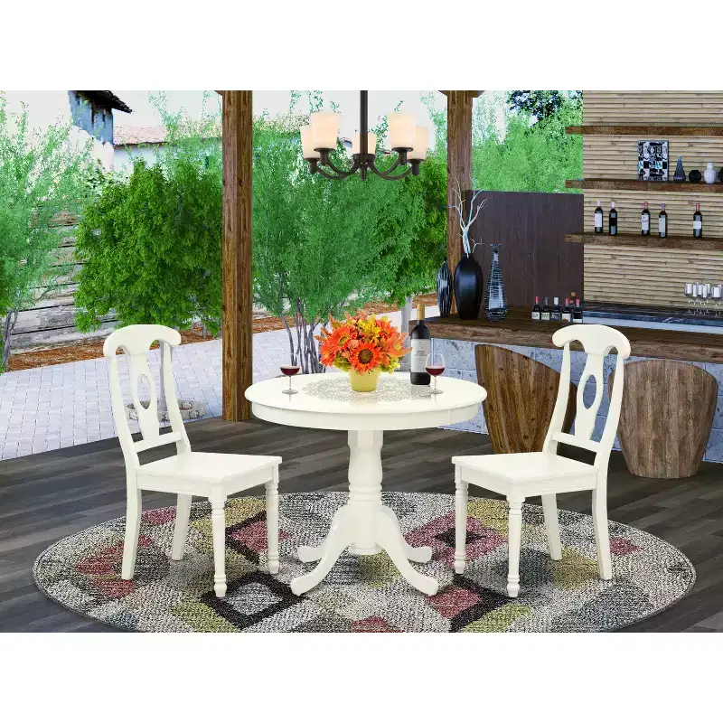 HomeStock Belmont 3PC Round 36 inch Table and 2 Panel Back Chairs, Linen White