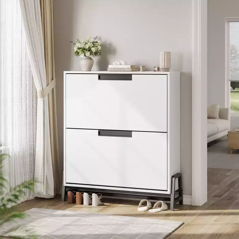 2 Flip Drawers - with Metal Legs, Adjustable Shelf, Shoe Storage Cabinet for Hallway, Living Room,