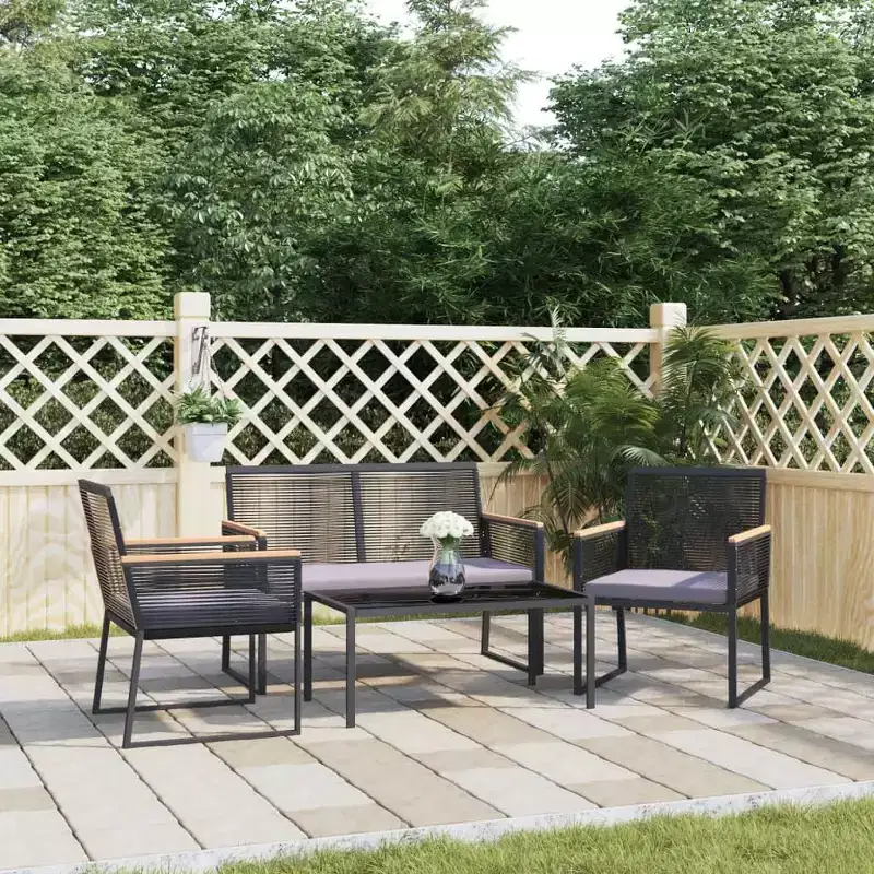 vidaXL 4 Piece Patio Lounge Set - Black Steel and Plywood, Comfortable Garden Chair with Thick Cotton Cushions, Modern Design, Rectangular Table