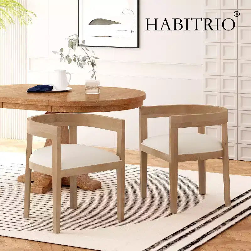 Set of 2 Retro Dining Chairs Arm Chairs with Rubber Wood Legs, Natural+Beige 4S - HABITRIO