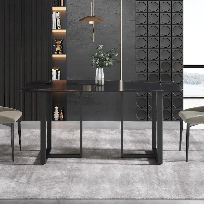 63-Inch Dining Table with Sintered Stone Tabletop and Metal Base