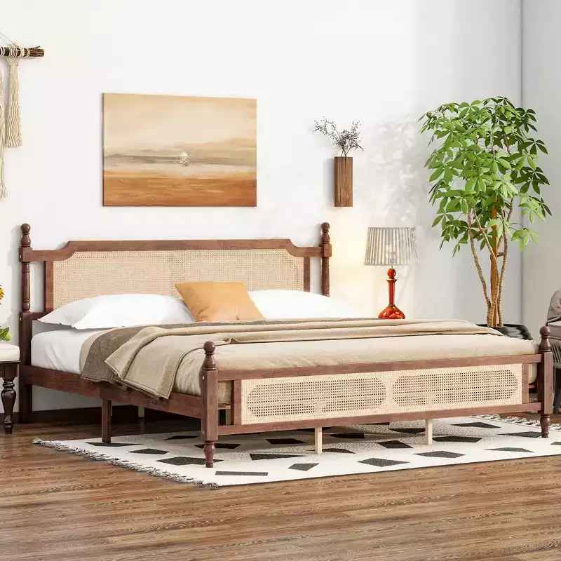 King Pine Wooden Bed with Rattan Headboard and Footboard, Brown