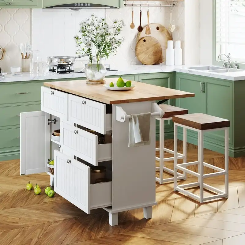3-Piece Kitchen Island Set with Drop Leaf and 2 Seatings, Dining Table Set with Storage Cabinet, Drawers and Towel Rack