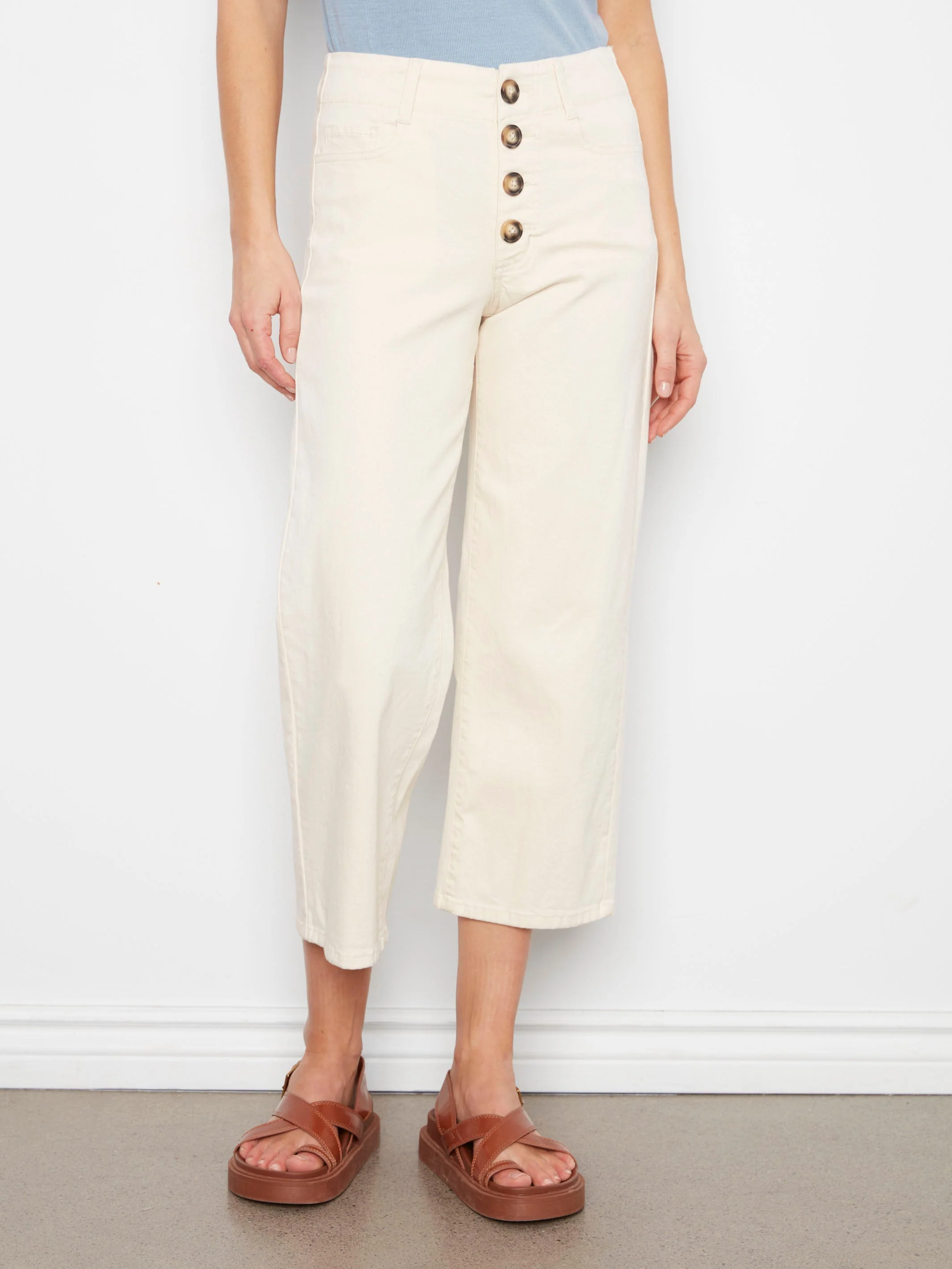 Front Button-Fly Crop Pants - Natural