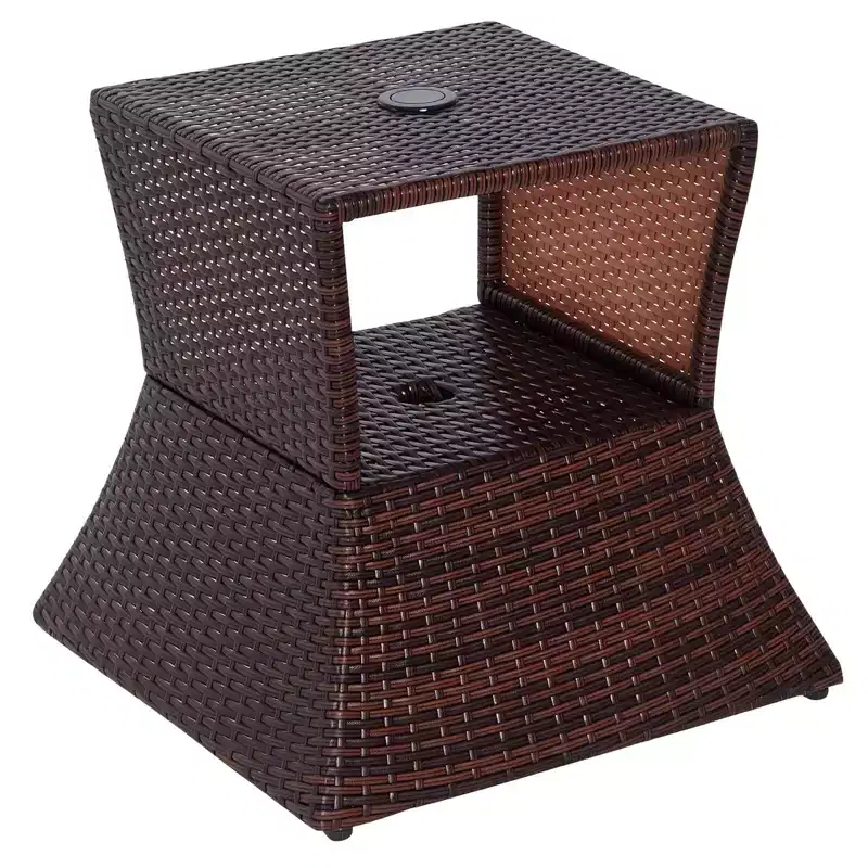 Outdoor Side Table with Umbrella Hole, 2 Tier Rattan Wicker End Table with Storage Shelf, All Weather for Outdoor, Patio, Garden