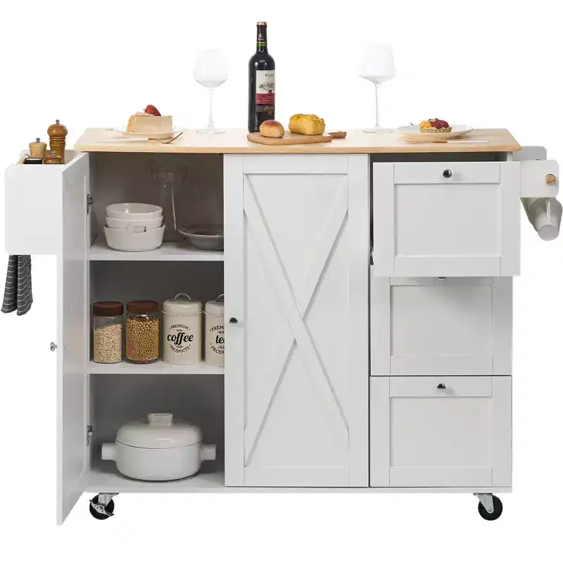 Kitchen Island Cart with Solid Wood Top, 45.3 Rolling Kitchen Cart with Storage Cabinet, Drop Leaf, Drawer & Spice Rack, White