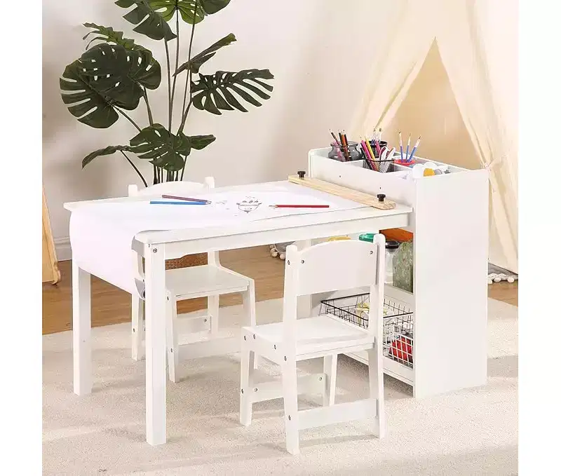 Kids desk and Chair Set, Wooden Art Desk with Paper Roller, Paint Cups & Storage Shelves, 2 in 1 Craft Activity Table for Drawing Painting Writing