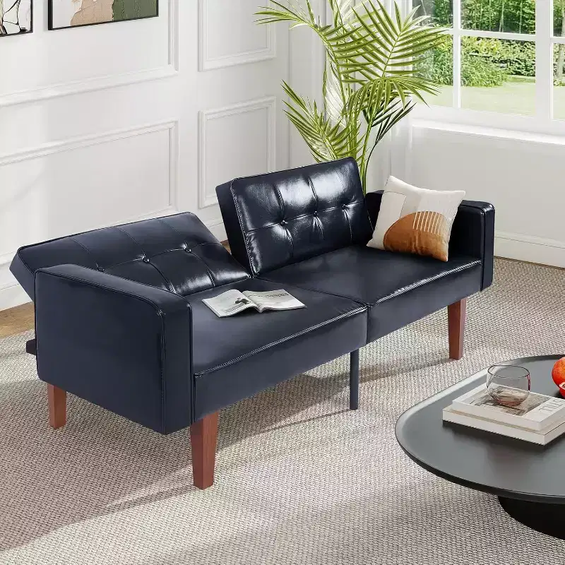 Convertible Sofa Bed with Adjustable Backrest, Functions as Recliner and Loveseat, Foam and Spring Cushions, Black