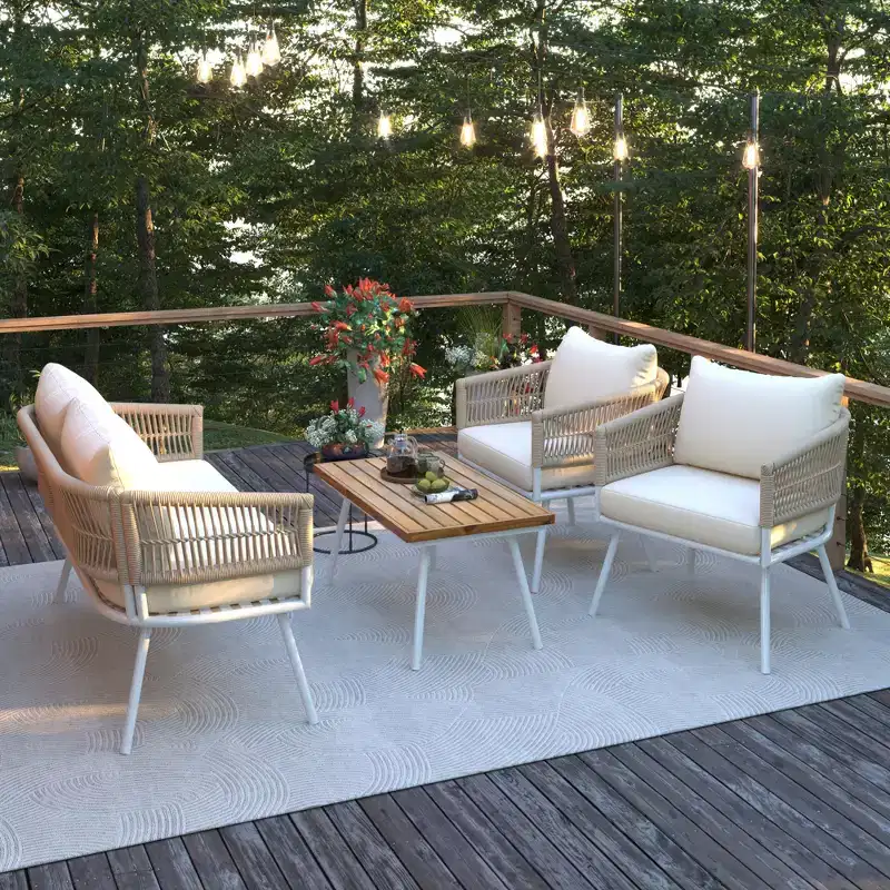 GDFStudio Shaun 4 Piece Boho Patio Conversation Set with Acacia Wood Coffee Table and Metal Seating