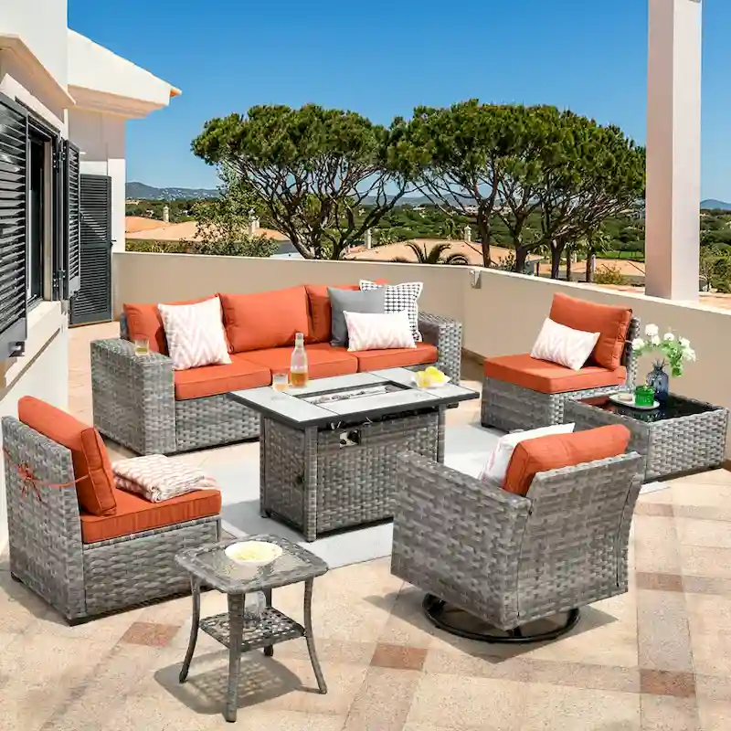 HOOOWOOO 9-piece Wicker Outdoor Modular Wide Armrest Sectional Set Fire Pit Set