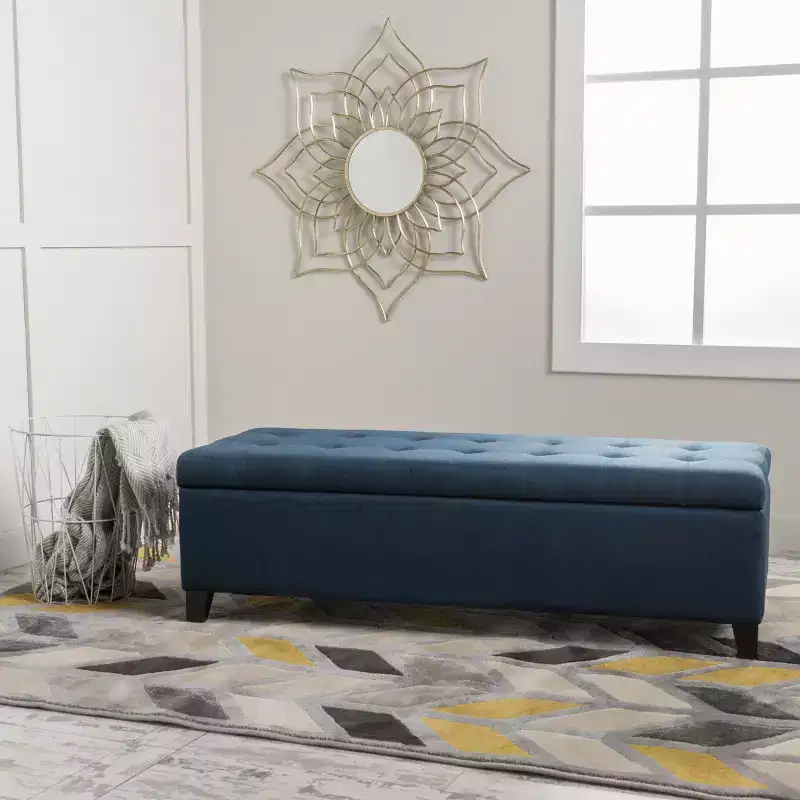 Storage Ottoman with Tufted Waffle Stitching, Storage Bench with Wooden Legs, Entryway Bench for Living Room, Bedroom, Navy Blue