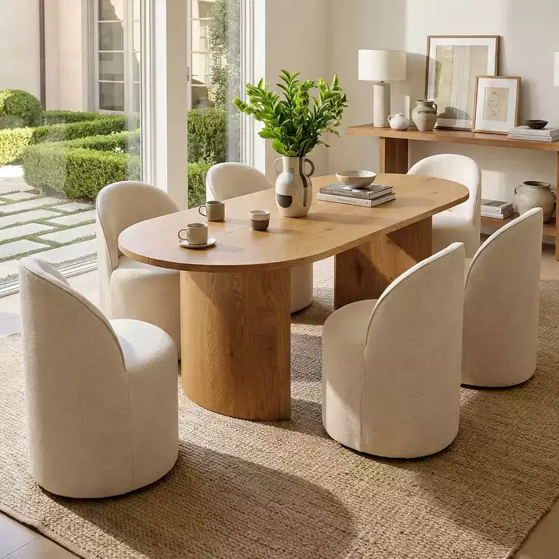 Dining Table Set for 6, Oval 79 Table and Chenille Fabric Armless Barrel Chairs with Casters, Perfect for Kitchens-Panipeachy