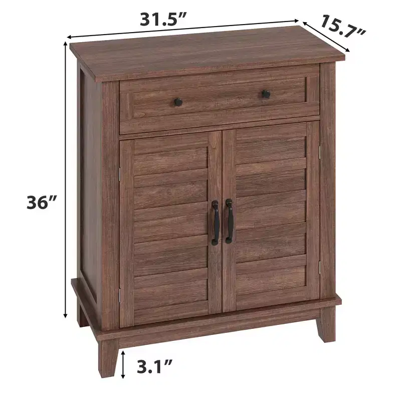 Rustic Storage Cabinet 31.5 Adjustable 3-Tier, Farmhouse Entryway Organizer with Slatted Doors