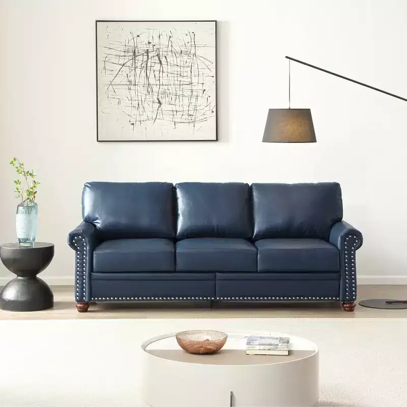 3-Seater Faux Leather Sofa with Round Arm & Silver Nails for Living Room & Office, Navy Blue