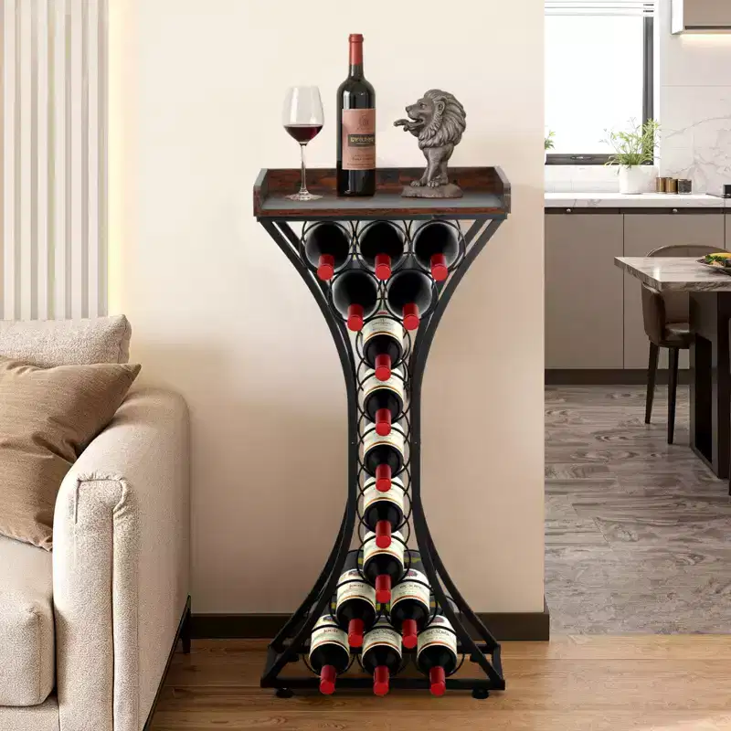 15 Bottle Wine Rack, Iron Freestanding Floor Wine Holder, Mini Bar Stand Liquor Cabinet with Wood Tabletop, Black+Brown