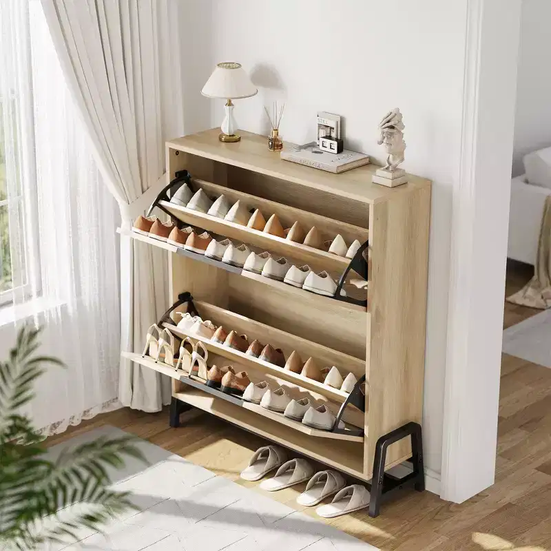 Narrow Shoe Cabinet  2 Flip-Drawer Storage Organizer with Metal Legs for Entryway/Hallway (Freestanding Design)