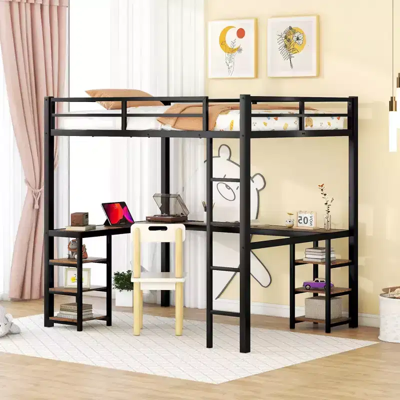 Full Metal Loft Bed with L-Shaped Desk and Shelves, Space-Saving with Ladder and Full Guardrails, Black/Vintage Wood