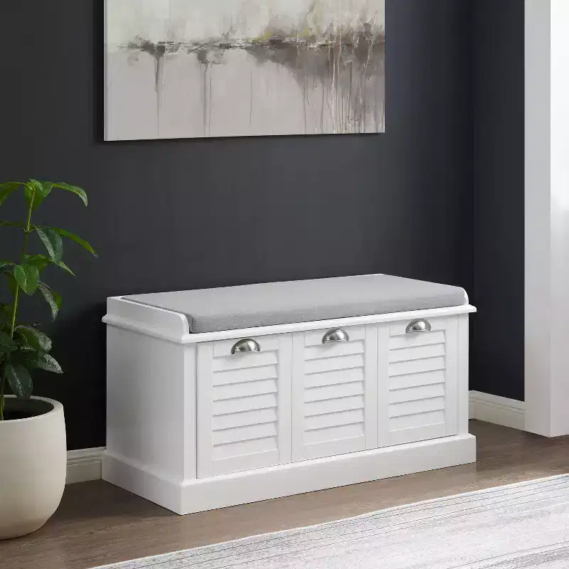 Crosley 36" Ellison Entryway Storage Bench White/Gray: Upholstered with Shoe Compartment, Narrow Design