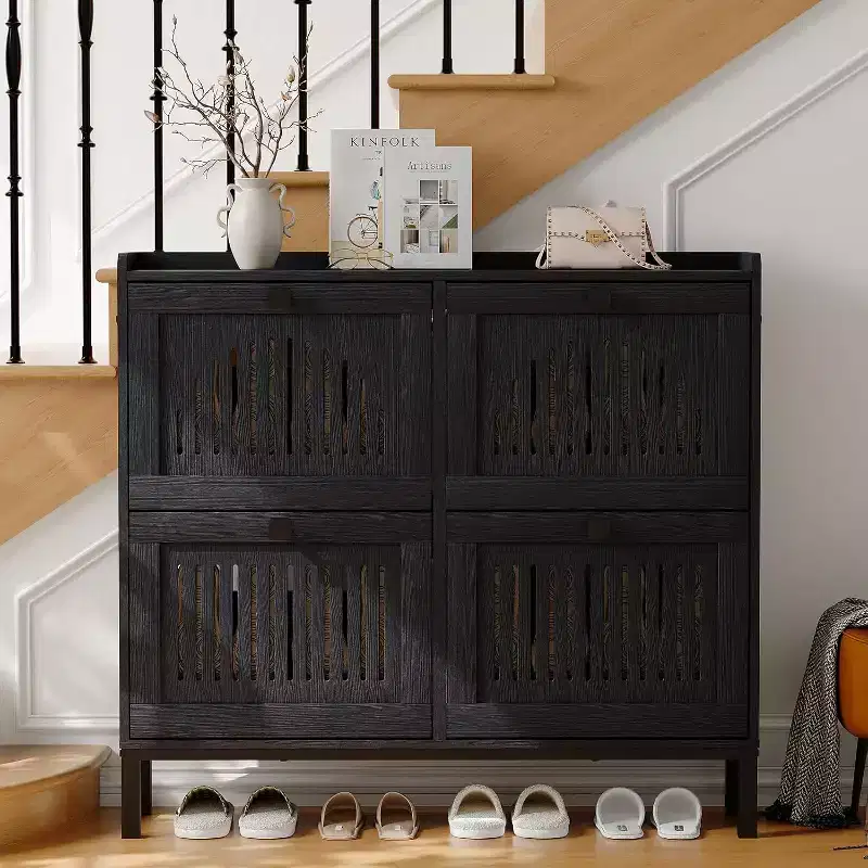 4 Flip Drawer Shoe Cabinet with Adjustable Shelves, Hidden Shoe Organizer with Large Capacity, Freestanding Wooden Shoe Rack for Home