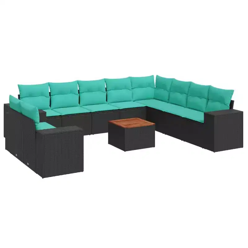 vidaXL 11 Piece Patio Sofa Set with Cushions - Black and Blue Poly Rattan