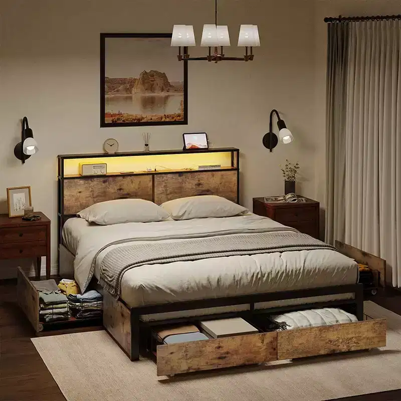 HAUSOURCE Industrial Style Queen Platform Modern Bed Frame with 4 Drawers, Headboard storage, and Outlets, Sturdy Metal Construction, Rustic Brown
