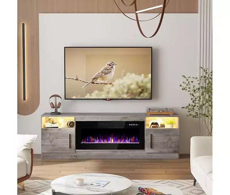 CuisinSmart TV Stand with LED Light (Up to 75 TVs), 70 Modern Wood Media TV Console with Storage Cabinet for Living Room (Fireplace Not Included)