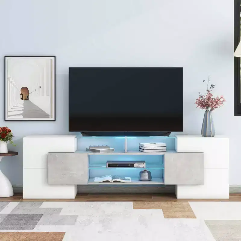 MAYEERTY Gray Unique Shape TV Stand, LED Illuminated Glass Shelf Media Console for 88 TVs