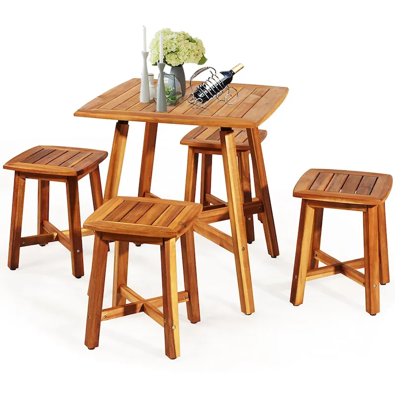 Costway 5PCS Acacia Patio Dining Set W/Square Table & 4 Stools Reddish