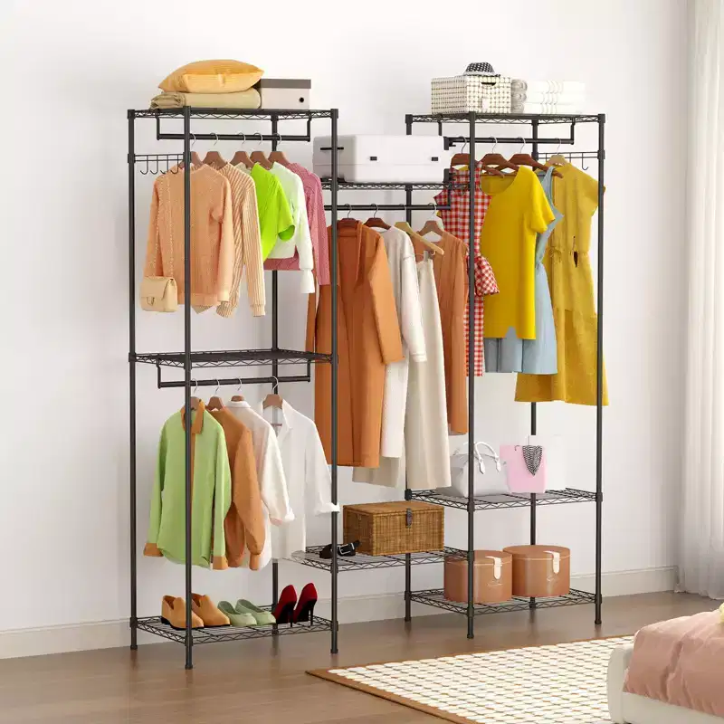 Heavy-Duty Metal Clothes Hanger with Adjustable Shelves, Hanging Rods, and Hooks, Freestanding Portable Wardrobe Suitable for Bedrooms, Entryways